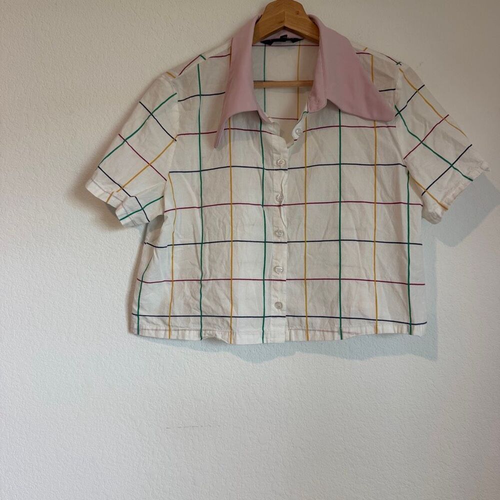 Sister Jane White Rainbow Plaid Cropped Buton Down Shirt Women's Size Large